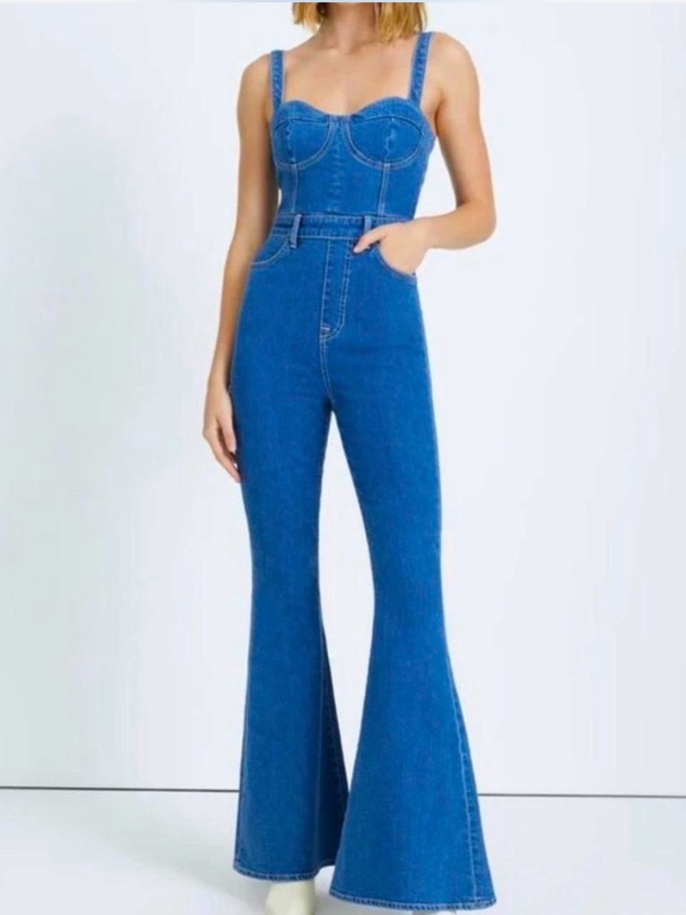 7 For All Mankind Beauty Denim Mega Flare Jumpsuit in Diana Blue Size M